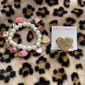 Betsey Johnson Pearl and Gold Charm Bracelet And Ring Set